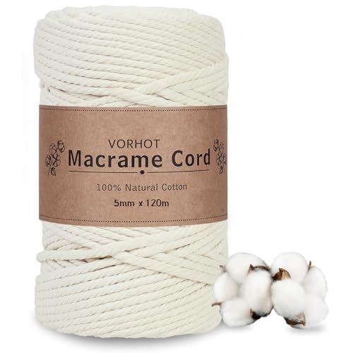 VORHOT Makramee Garn 5mm x 120m Beige, Baumwollkordel Natur, Makramee Baumwollgarn, Baumwoll Bastelschnur 5mm für DIY Handwerk Basteln Stricken Boho Deko Wandbehang Dekoration Wohnzimmer Balkon von VORHOT