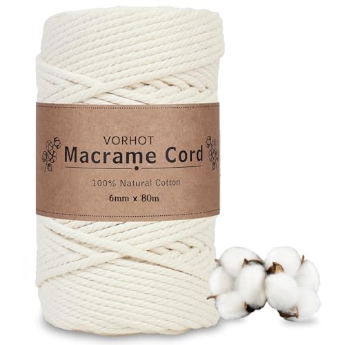 VORHOT Makramee Garn 6mm x 80m Beige, Makramee Baumwollgarn, Baumwoll Bastelschnur für DIY Handwerk Basteln Stricken Boho Deko Wandbehang, Baumwollkordel Natur, Dekoration Wohnzimmer Balkon 6mm von VORHOT