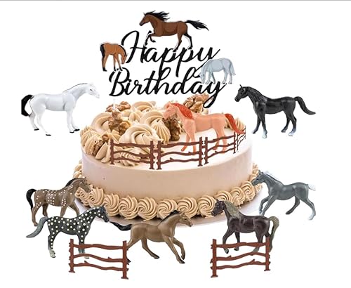 15 Stück Pferde Tortendeko, Pferde Geburtstagsdeko, Cake Cupcake Toppers, Realistische Kunststoff Pferde Kuchen Zaun Tortenstecker für Geburtstag, Horse Thema Party Kinder Torte Dekorationen von VOSSOT