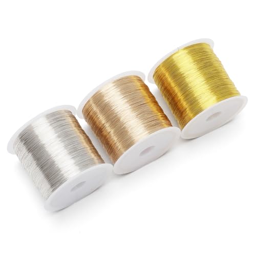 VOSSOT 100m X 3 Spule Schmuckdraht 0.3mm, Gold Silber Bastelarbeiten Kupferdraht, Flexibler Draht zum Basteln, Basteldraht Dünn, Lichtbeständig und Leicht, Dünner Basteldraht für Schmuckherstellung von VOSSOT
