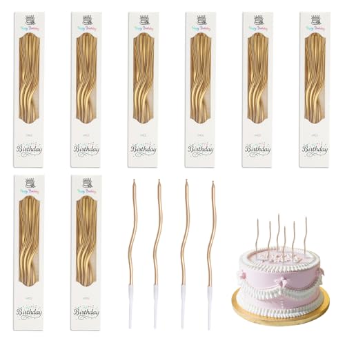 VOSSOT 48 pcs Geburtstagskerzen - Elegante Kerzen Geburtstag Im Gebogenen Design, Goldene Geburtstagskerze für Hochzeit, Party & Dinner, 13cm Lange Birthday Candles für Kuchenkerzen Geburtstag & Deko von VOSSOT