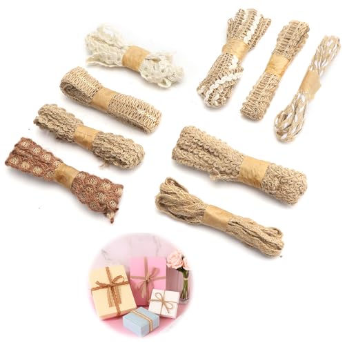 VOSSOT 9 Rollen Deko Juteband, Vintage Geschenkband Natur Stoffband Jute Band Rolle Dekoband Jute Geschenkbänder Sackleinenband Für DIY Geschenke Verpackung Handwerk Hochzeit Party Basteln von VOSSOT