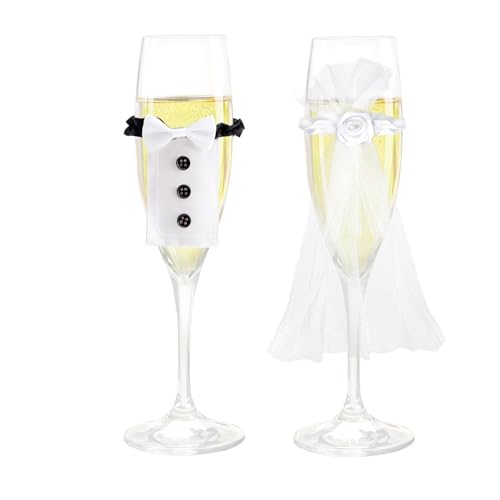 VOSSOT Sektgläser Hochzeit, Hochzeitsdeko für Champagnerglas Mr & Mrs Glasdekoration Geschenke Flaschenhülle Kleidung, Sektgläser Hochzeit für Brautpaar Braut und Bräutigam Tischdeko von VOSSOT