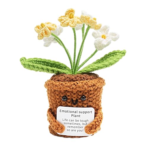 VOSSOT Vergissmeinnicht Häkelblumen Geschenk, Handgemachte Pocket Hug Pflanze mit Karte, 6 Köpfe Gelb Strickblume Deko, Mini Blumentopf fürs Büro Tisch Fensterbank Lehrerin Freundin von VOSSOT