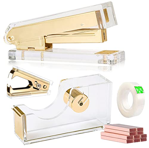 Acryl-Gold-Klebebandabroller, goldenes Schreibtisch-Heftgerät, Acryl-Bürobedarf inklusive Klebeband, 1000 Heftklammern, schickes Büro-Heftgerät, Klebebandabroller für modernes Design Büro Desktop von VOSTOR