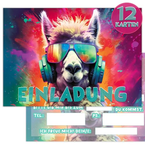 VOSVOLO 12 x Lama Einladungkarten Kindergeburtstag Mädchen & Junge - Einladung Kindergeburtstag Jungen - Partyeinladung in coole Lama Design von VOSVOLO