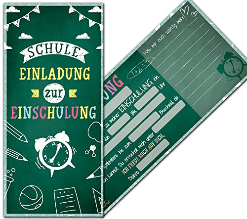 VOSVOLO Einschulung Einladungskarten | 12er Set Einladungen zum Schulanfang | DIN Lang Einladungskarten 1. Schultag für Jungen & Mädchen | 9,8cm x 21cm | Grün Hoch von VOSVOLO