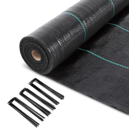 VOUNOT® Unkrautvlies 1x50m mit 100 Bodenanker, Reißfestes Gartenvlies Wasserdurchlässig, Mulchfolie für Garten, Hochbeet und Terrasse, Premium Unkrautfolie 100g/m² von VOUNOT