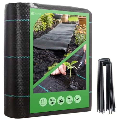 VOUNOT® Unkrautvlies 2x25m mit 50 Bodenanker, Reißfestes Gartenvlies Wasserdurchlässig, Mulchfolie für Garten, Hochbeet und Terrasse, Premium Unkrautfolie 100g/m² von VOUNOT