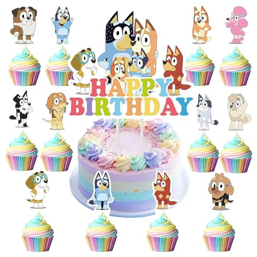 25 Stück Bluy und Bngo Tortendeko Jungen, Bluy und Bngo Kuchen Deko Kindergeburtstag, Cake Topper Set, Happy Birthday Topper für Jungen Geburtstag Party Kuchen Dekoration Supplies von VOVhpbidy