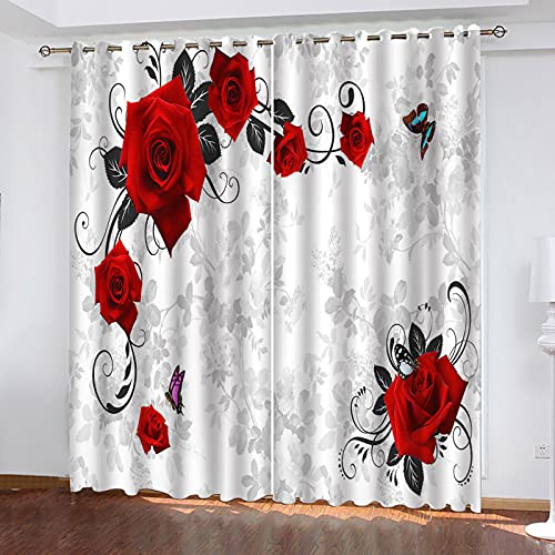 2Er Set Blickdichter Verdunklungs Gardinen Mit Ösen Schallisoliert, Thermovorhänge Für Wohnzimmer Schlafzimmer Kinderzimmer - 3D Schmetterling Rote Rose Druck Muster Super Weich Gardinen (260X280cm) von VOYADE