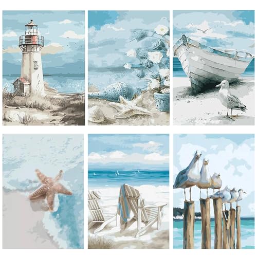VOYANTE 6 Stück Malen nach Zahlen Erwachsene Set, Blau Thema Malen nach Zahlen Meer Strand, Leinwand Handbemalt DIY Set Erwachsene, Paint by Numbers Ohne Rahmen für Stressabbau Dekoration, 35×25cm von VOYANTE