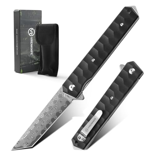 VIRENKNIFE Damast Taschenmesser mit Clip,Scharf Damastmesser Klappmesser mit Damaststahl Klinge,Liner Lock，Aluminium Griff，Einhandmesser EDC Survival Messer mit Glasbrecher,für Camping, Wandern von VR VIRENKNIFE