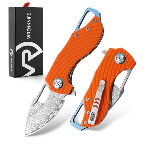 VR VIRENKNIFE Damast Taschenmesser mit Clip, Scharfes Damaststahl Klappmesser, Klappmesser mit G10 Griff und Flipper, EDC Messer Einhandmesser für Camping Wandern, Orange VR VIRENKNIFE Damast Taschenmesser mit Clip, Scharfes Damaststahl Klappmesser, Klappmesser mit G10 Griff und Flipper, EDC Messer Einhandmesser für Camping Wandern, Orange von VR VIRENKNIFE