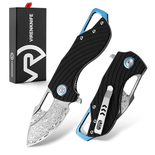 VR VIRENKNIFE Klappbares Taschenmesser aus Damaststahl, G10-Griff, kleines Mini-EDC-Messer mit Taschenclip, Schnalle, geeignet für Herrentaktik, scharfes Camping-Überlebens-Wandermesser von VR VIRENKNIFE