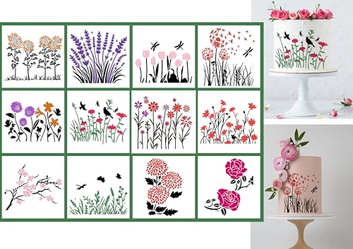 Blumenschablonen für Kuchendekorationen, 15,2 x 15,2 cm, wiederverwendbar, Wildblumen-Schablone zum Malen, Muster-Dekor, Blumenschablonen für Kekse, Fondant, Dessert, DIY-Backen, 12 Stück von VRIOVN
