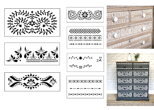 Inlay Border Stencil Set - 7 Stück Wiederverwendbare Boho Indische Muster Schablonen für Holz, Wand, Stoff und Möbel Malerei Inlay Border Stencil Set - 7 Stück Wiederverwendbare Boho Indische Muster Schablonen für Holz, Wand, Stoff und Möbel Malerei von VRIOVN