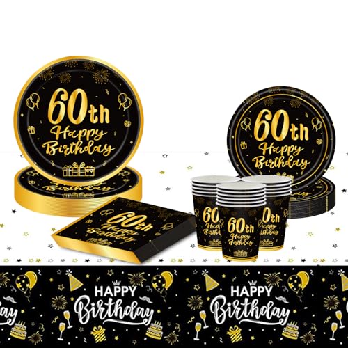 VReder Schwarz Gold Deko 60 Geburtstag Partygeschirr Set, 60. Geburtstag Junge mädchen Wiederverwendbar Papier Geschirr Set Einschließlich Servietten Teller Becher Tischdecke 16 Gäste VReder Schwarz Gold Deko 60 Geburtstag Partygeschirr Set, 60. Geburtstag Junge mädchen Wiederverwendbar Papier Geschirr Set Einschließlich Servietten Teller Becher Tischdecke 16 Gäste von VReder