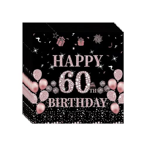 VReder Servietten 60 Geburtstag, Schwarz Roségold Papier Party Servietten, Happy Birthday 60. Servietten für Mädchen Frau Frauen Geburtstag Feiern Party Decorations 40 Stück von VReder