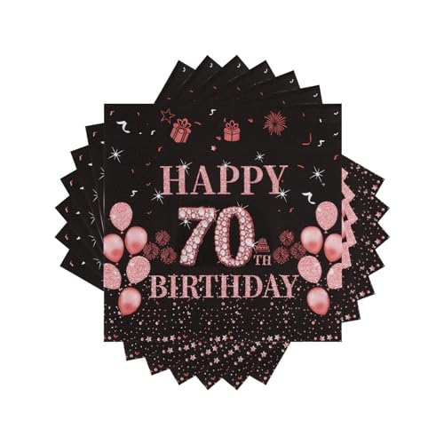 VReder Servietten 70 Geburtstag, Schwarz Roségold Papier Party Servietten, Happy Birthday 70. Servietten für Frau Frauen Geburtstag Feiern Party Decorations 40 Stück von VReder