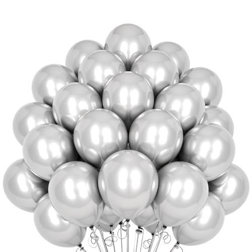 50 Luftballons Silber Metallic 30 cm glänzend Naturlatex biologisch abbaubar umweltfreundlich aufblasbar Luft Helium Wasser für Baby Shower Taufe Geburtstag Abschlussfeier Hochzeit Bogen von MOFOVS