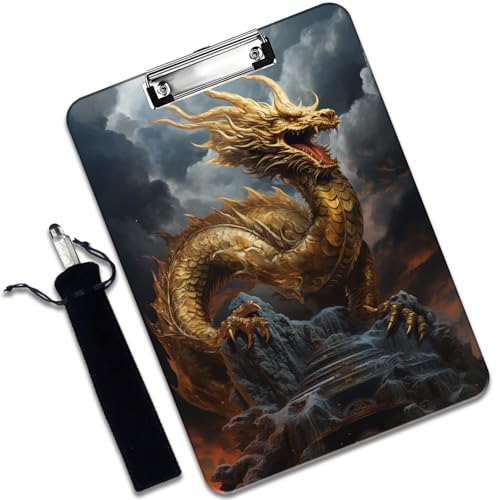 Kunststoff-Klemmbrett und Stifttaschen-Set, A4-Klemmbrett in Briefgröße, geeignet für Büros, Zuhause, Goldener Drache von VSHSEEOM