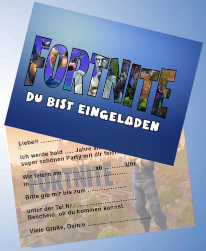 VSW 12 Einladungskarten & 12 Umschläge für Geburtstag Partys und Kindergeburtstag Gamer Game Fort_nite Nr. 46 von VSW