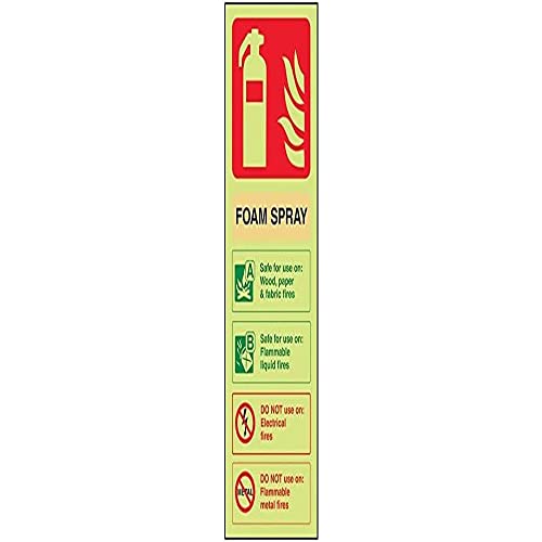 VSafety Feuerlöscher-Kennzeichnungsschild „Foam Spray“, „Not Electrical Safe“ leuchtet im Dunkeln, 100 x 280 mm, starrer Kunststoff (in englischer Sprache) von VSafety