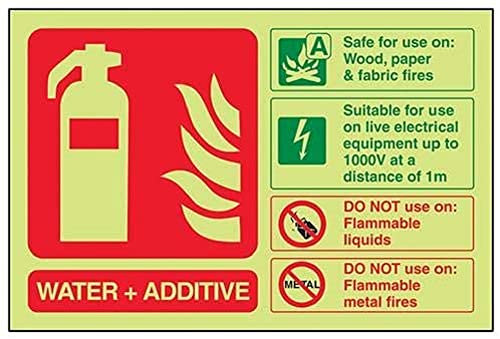 VSafety englisches „Water and Additive ID“-Schild, Leuchtendes Feuerlöscher-Schild, leuchtet im Dunkeln, 200 x 150 mm, selbstklebendes Vinyl von VSafety