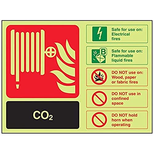 VSafety englisches Warnschild für Feuerlöscher, CO2-Kennzeichnung, leuchtet im Dunkeln, 200 x 150 mm, starrer Kunststoff von VSafety