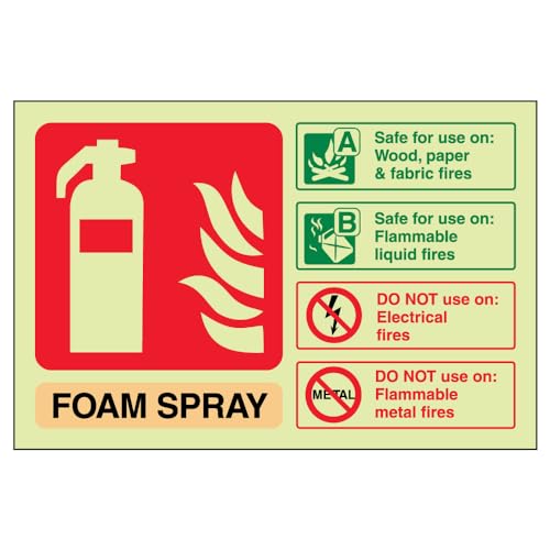 VSafety englisches leuchtendes Feuerlöscher-Schild „Foam Spray ID Not Electrical Safe“, 150 x 100 mm, Hartkunststoff von VSafety