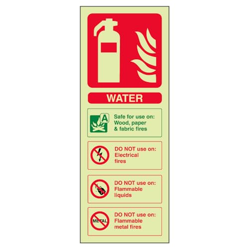 VSafety Warnschild für Feuerlöscher, Wasser-Kennzeichnung, leuchtet im Dunkeln, 75 x 200 mm, Hartkunststoff von VSafety