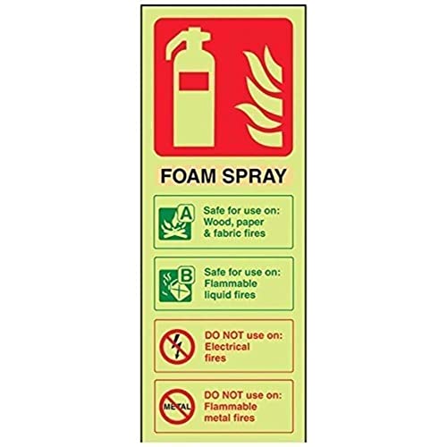 VSafety Feuerlöscher-Kennzeichnungsschild „Foam Spray“, „Not Electrical Safe“ leuchtet im Dunkeln, 75 x 200 mm, starrer Kunststoff (in englischer Sprache) von VSafety