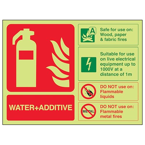 VSafety englisches „Water and Additive ID“-Schild, Leuchtendes Feuerlöscher-Schild, leuchtet im Dunkeln, 150 x 100 mm, starrer Kunststoff VSafety englisches „Water and Additive ID“-Schild, Leuchtendes Feuerlöscher-Schild, leuchtet im Dunkeln, 150 x 100 mm, starrer Kunststoff von VSafety