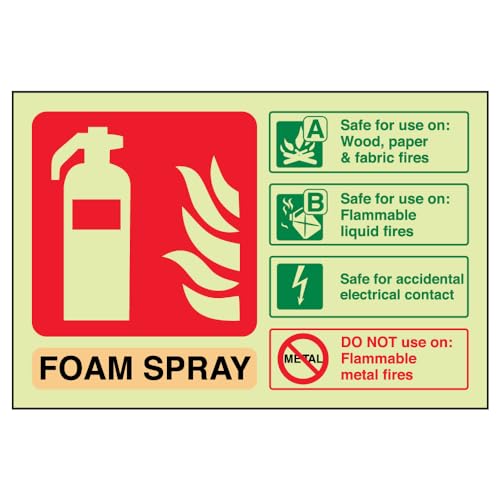 VSafety englisches leuchtendes Feuerlöscher-Schild „Foam Spray ID Safe For Electrical Contact“, leuchtet im Dunkeln, 150 x 100 mm, starrer Kunststoff von VSafety