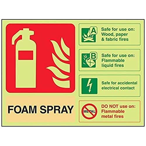 VSafety englisches leuchtendes Feuerlöscher-Schild „Foam Spray ID Safe For Electrical Contact“, leuchtet im Dunkeln, 200 x 150 mm, starrer Kunststoff von VSafety