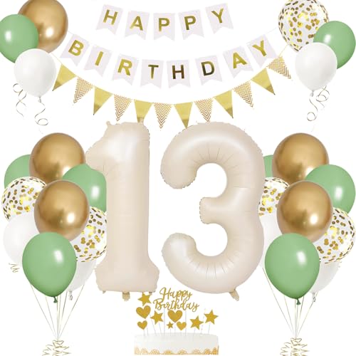 13. Geburtstag Deko Beige, Luftballon 13. Creme , Weiß Creme Folienballon 13 , Mädchen 13 jahre Luftballon deko Sandweiß , Zahl 13 Helium Luftballons Salbeigrün Weiß Ballons für Geburtstag Party Deko von VUCDXOP