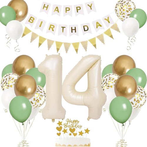 14. Geburtstag Deko Beige, Luftballon 14. Creme , Weiß Creme Folienballon 14 , Mädchen 14 jahre Luftballon deko Sandweiß , Zahl 14 Helium Luftballons Salbeigrün Weiß Ballons für Geburtstag Party Deko von VUCDXOP