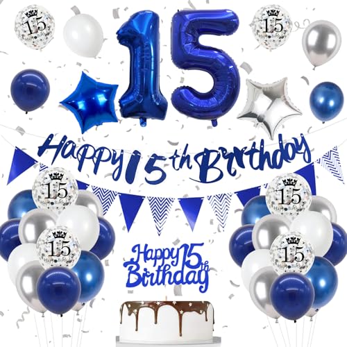 15. Geburtstag Deko Nacht Blau, Luftballon Deko 15. Geburtstag Frau Mann, Geburtstagsdeko 15 Jahr, Folienballon 15, Nacht Blau Silber Weiß Luftballons 15 Jahr mit Banner Topper für Party Dekoration von VUCDXOP