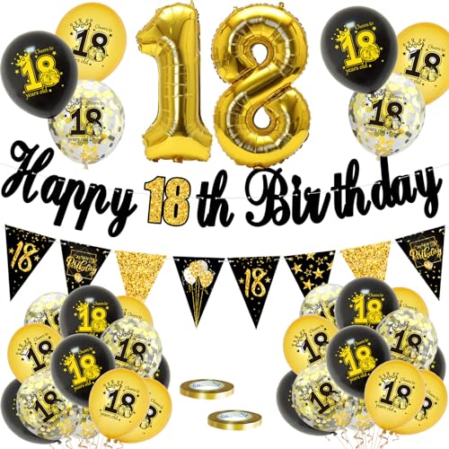 18 Geburtstag Deko, Luftballons 18 Geburtstag Dekoration Set, 18 Jahr Geburtstagdeko, Happy Birthday Girlande Konfetti Luftballons Schwarz Gold Deko, Frauen Mann 18 Geburtstag Party Deko Supplies von VUCDXOP