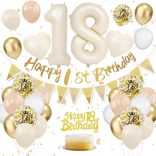 18. Geburtstag Deko Beige, Luftballon Deko 18. Geburtstag Damen Frauen, Geburtstagsdeko 18 Jahr, Beige Weiß Gold Luftballons 18 Geburtstag mit Banner Geburtstag Tortendeko für Geburtstag Dekoration von VUCDXOP