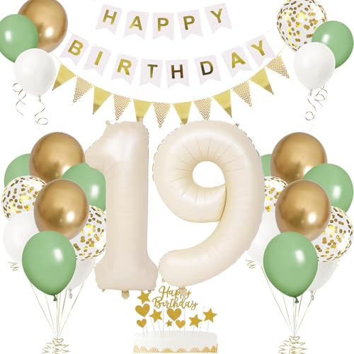 19. Geburtstag Deko Beige, Luftballon Creme, Weiß, Folienballon 19, Mädchen 19 Jahre Deko Sandweiß, Zahl 19 Helium Ballons Salbeigrün Weiß für Party von VUCDXOP