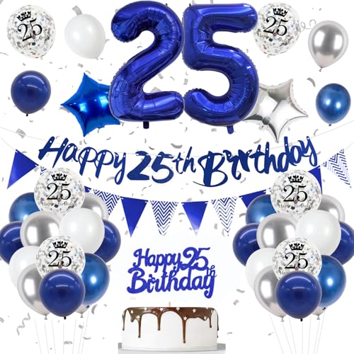 25. Geburtstag Deko Nacht Blau, Luftballon Deko 25. Geburtstag Frau Mann, Geburtstagsdeko 25 Jahr, Folienballon 25, Nacht Blau Silber Weiß Luftballons 25 Jahr mit Banner Topper für Party Dekoration von VUCDXOP