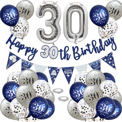 30 Geburtstag Deko, Luftballons 30 Geburtstag Dekoration Set, 30 Jahr Geburtstagdeko, Happy Birthday Girlande Konfetti Luftballons Nacht Blau Silber Deko,Frauen Mann 30 Geburtstag Party Deko Supplies von VUCDXOP