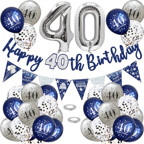 40 Geburtstag Deko, Luftballons 40 Geburtstag Dekoration Set, 40 Jahr Geburtstagdeko, Happy Birthday Girlande Konfetti Luftballons Nacht Blau Silber Deko,Frauen Mann 40 Geburtstag Party Deko Supplies von VUCDXOP