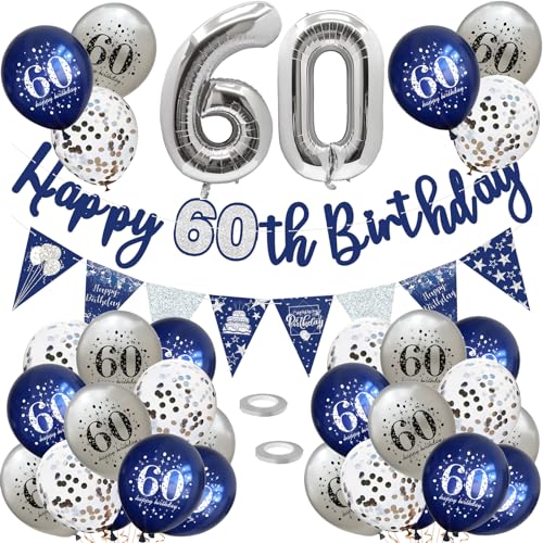 60 Geburtstag Deko, Luftballons 60 Geburtstag Dekoration Set, 60 Jahr Geburtstagdeko, Happy Birthday Girlande Konfetti Luftballons Nacht Blau Silber Deko,Frauen Mann 60 Geburtstag Party Deko Supplies von VUCDXOP