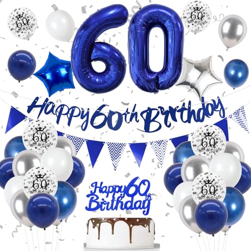 60. Geburtstag Deko Nacht Blau, Luftballon Deko 60. Geburtstag Frau Mann, Geburtstagsdeko 60 Jahr, Folienballon 60, Nacht Blau Silber Weiß Luftballons 60 Jahr mit Banner Topper für Party Dekoration von VUCDXOP