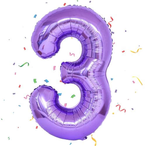 Aufblasbarer Ballon in Form der Zahl 3, für Jungen und Mädchen, aus Aluminium, Zahlenballon für den 3. Geburtstag von Jungen und Mädchen, 101,6 cm, lila von VUCDXOP