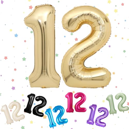 Ballon mit Zahl 12, Hellgold, 12 Zahlenballons, Helium-Folie, 101,6 cm, Luftballons Zahl 12, 12. Geburtstag, digitale Luftballons für 12. Geburtstag, Jahrestag, Party-Dekorationen von VUCDXOP