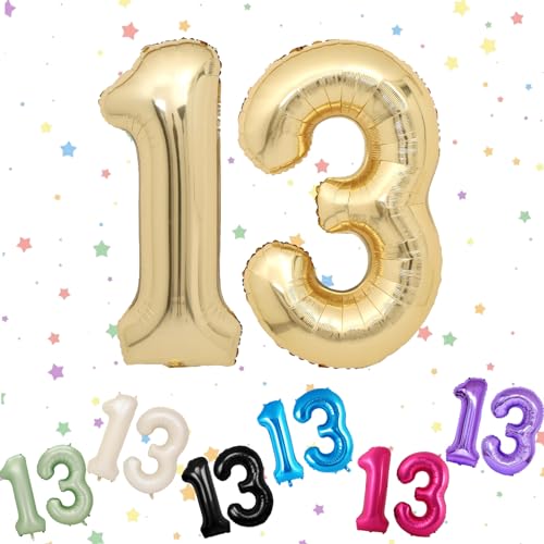 Ballon mit Zahl 13, Hellgold, 13 Zahlenballons, Helium-Folie, 101,6 cm, Luftballons Nummer 13, 13. Geburtstag, digitale Luftballons für 13. Geburtstag, Jahrestag, Party-Dekorationen von VUCDXOP